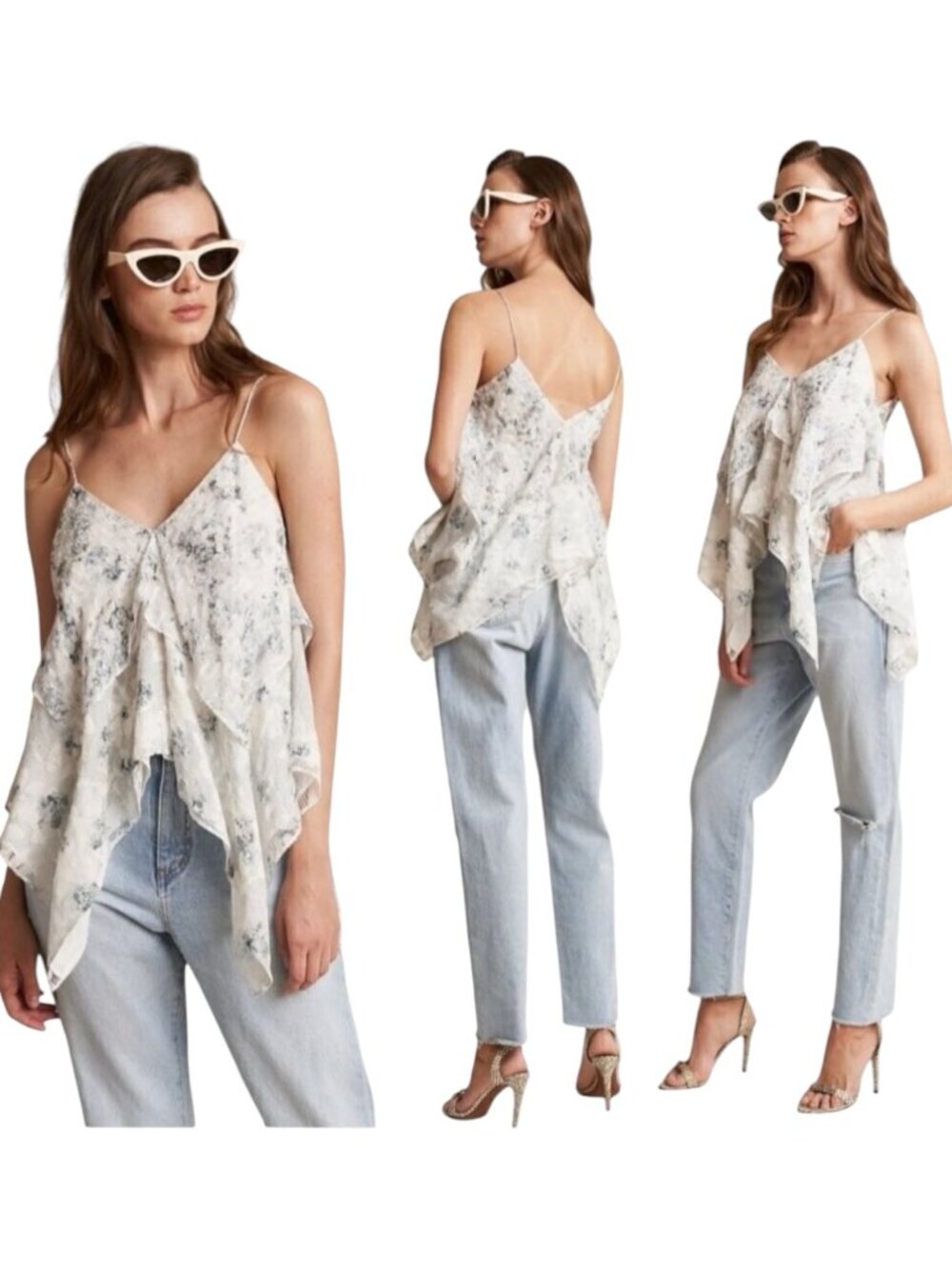 Chelsea And‎ Walker Shirt Women 8 Ivory Floral Silk Blend Asymmetric Becky Cami